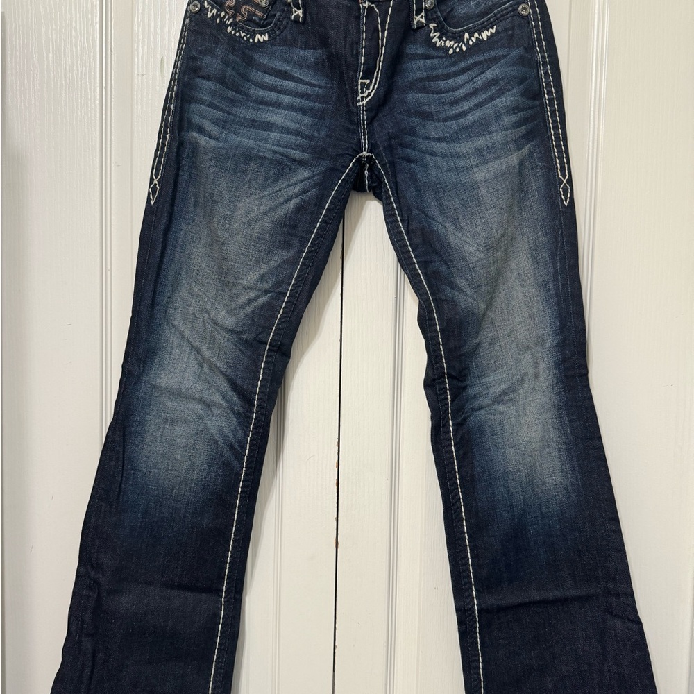 Rock Revival Blue Boot Cut Jeans with Faded Vintage Look